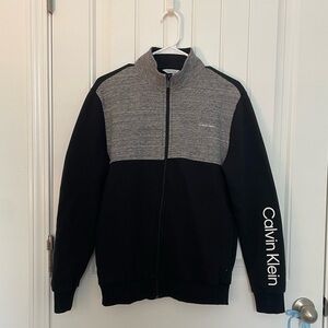 Calvin Klein Black and Gray Zip Up Sweater with Modern Color Block Design